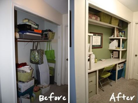 I love this for one of my back bedrooms. This way I could have my craft space and a spare bedroom in one room without it being crowded: ) Crafting Desk, Old Closet Doors, Closet Desk, Front Closet, Craft Closet, Closet Makeover, Work Place, After Pictures, Craft Room Office