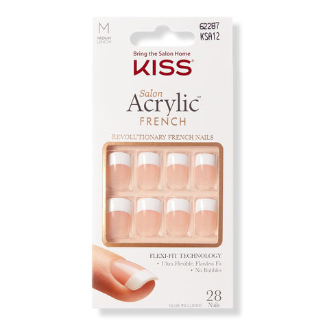 Salon Acrylic French Manicure Fashion Nails - Kiss | Ulta Beauty Fake French Nails, French Tip Nails Press On, Fake Nails Glue On, Kiss Nails Glue On, Girly Lehengas, Kiss Fake Nails, Fake Nails Acrylics, Acrylic French Manicure, Fake Press On Nails