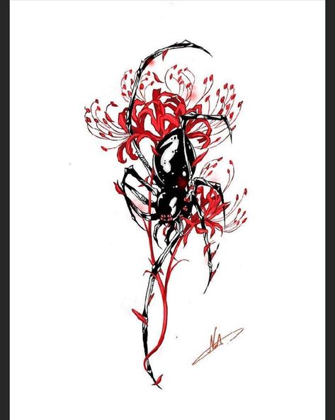 Spider Lily With Spider Tattoo, Red Spider Lily And Centipede Tattoo, Spider Lily Tattoo Men, Higanbana Tattoo, Red Spider Lily Tattoo, Tattoo Art Drawings Sketches, Spider Lily Tattoo, Red Spider Lily, Spider Lily