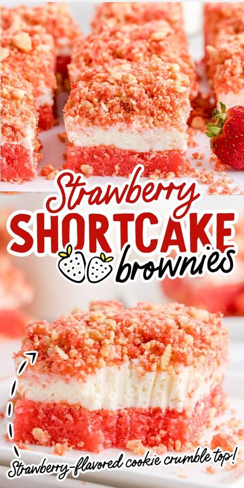 Strawberry Shortcake Brownies Recipe, Strawberry Shortcake Brownies, Decadent Brownies, Strawberry Brownie, Strawberry Crumble, Fresh Strawberry Recipes, Strawberry Brownies, Creamy Frosting, Frozen Strawberry