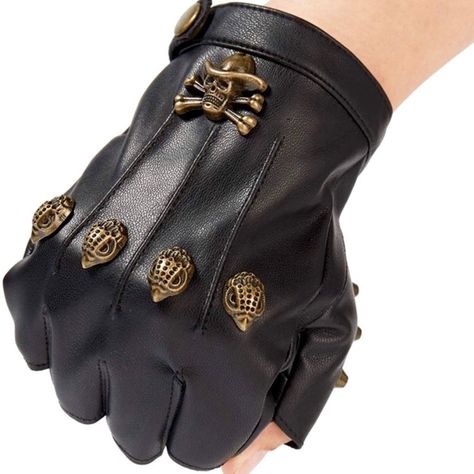 Leather Steampunk Design Fingerless Gloves. One Size Fits Most. Quality Leather, Bronze Eagles, Skulls & Rivets. Charms Are Mounted Onto The Glove So They Won't Fall Off. Men Or Women Leather And Silver Jewelry, Pirate Gloves, Cool Gloves, Gloves Steampunk, Skull Gloves, Steampunk Gloves, Gloves Aesthetic, Fancy Gloves, Fingerless Leather Gloves