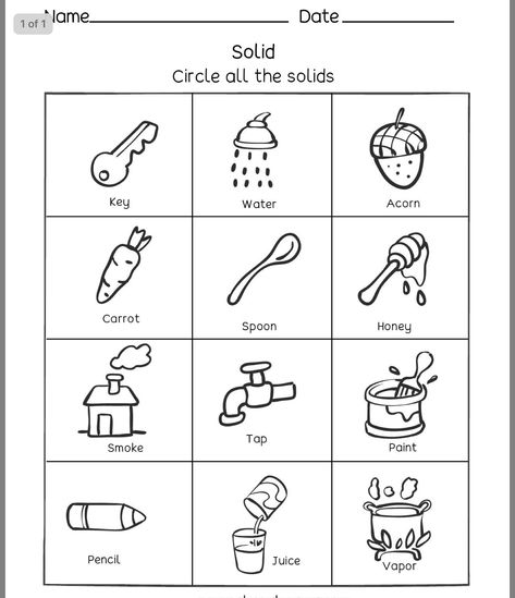 Solids and Liquids Solids And Liquids Preschool, Grade 2 Science, Solid Liquid Gas, States Of Matter Worksheet, Letter A Coloring Pages, Matter Worksheets, Matter Science, Worksheets For Kindergarten, Preschool Writing