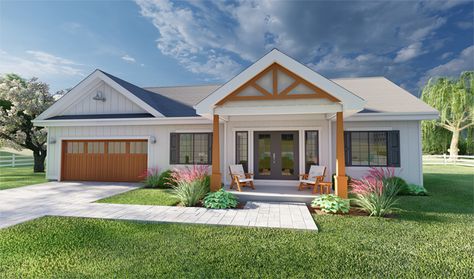 The has 2 bedrooms and 2 full baths. See amenities for Plan 144D-0023. Smaller Houses, Tiny Luxury, Craftsman Homes, American House Plans, Ranch Style House Plans, Garage House Plans, American Houses, Farmhouse Style House Plans, American House