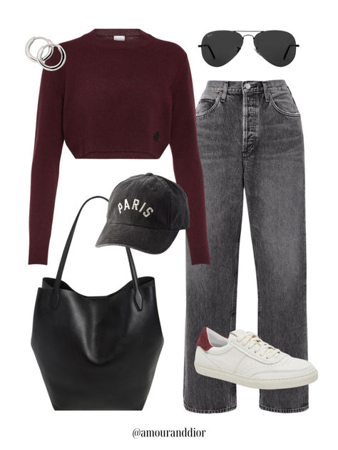 Styling burgundy + black for fall 🍁🍂 Fall outfit, gray jeans, black jeans, denim, black tote bag, casual outfit, maroon, Paris hat, trainers, sneakers, burgundy sweater, cashmere sweater Gray And Maroon Outfit, Burgundy Hat Outfit Fall, Maroon Crewneck Outfit, Burgundy Style Outfit, Burgundy Top Outfit Ideas, Gray And Burgundy Outfit, Burgundy Hoodie Outfit, Maroon And Black Outfit, Burgundy Hat Outfit