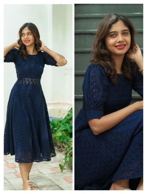 Frocks Poses For Women, Net Frocks For Women Knee Length, Normal Frock Designs For Ladies, Aline Frock Design, Hakoba Frocks For Women, Hakoba Dress Designs, Hakoba Frock, Simple Function Dress, Latest Stitched Kurti Designs