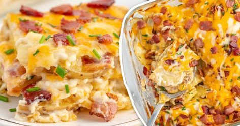 These Loaded scalloped potatoes have slices of potato smothered in a rich, creamy cheese sauce, topped off with crunchy bacon bits.