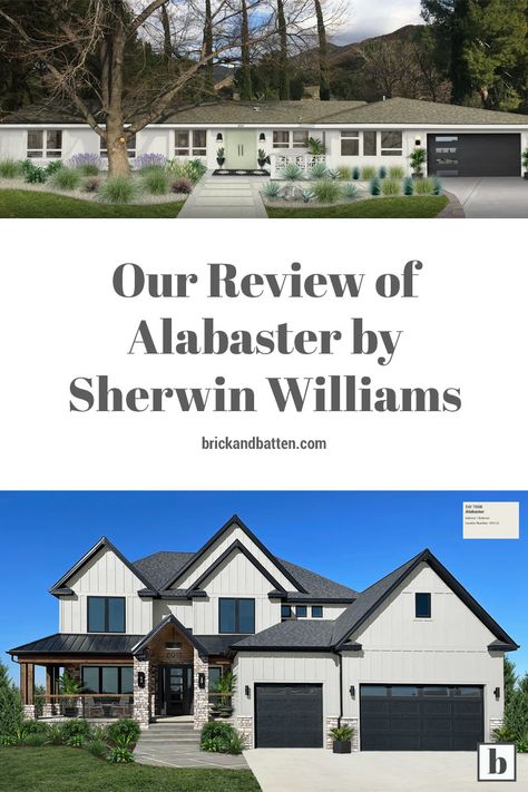 Stucco Exterior Colors, Alabaster Sherwin Williams, Exterior Paint Sherwin Williams, Modern Farmhouse Exterior Colors, White Stucco House, Farmhouse Exterior Paint Colors, Sherwin Williams Exterior House Colors, Farmhouse Exterior Colors, Exterior House Colors Sherwin Williams