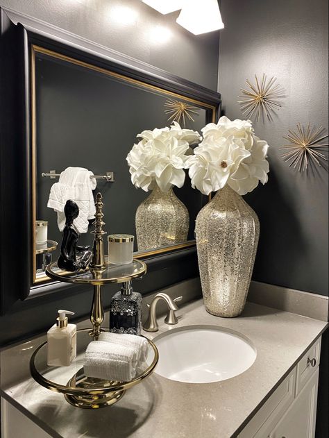 Powder room, powder room design, home decor Bathroom Theme Ideas, Guess Bathroom, Glam Bathroom Decor, Star Wall Decor, Bathroom Theme, Glamorous Bathroom Decor, Beautiful Bathroom Decor, Glam Bathroom, Bathroom Counter Decor