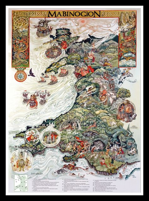 Wonderfully Illustrated Map of the Welsh book of myths and stories, THE MABINOGION Map Of Wales, Wales Map, Celtic Myth, Welsh Language, Wales Travel, Celtic Mythology, Celtic Art, Mythology Art, Fantasy Map