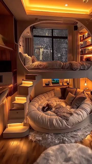 Perfect Decors on Instagram: "Dreams room.... 
.
.
.
.
.
.
.
.
#luxuryhomes #reelsexplore  #reels #instragram #trending  #lightdesign #fyp #light #smarthome #lightdecor #interiordesign #interiorstyling 
#lampshade #homedecors  #bedroominspiration #smartbedroom  #usa #cozyhome #cozy
 #bedroomdecor  #architecture #architect
 #bedrooms #foryou #modernrooms" Sunken Bed, Cosy Rooms, Amazing Bedroom Designs, Plush Bedding, Bedroom Nook, Dream Bedroom Inspiration, Luxury Living Room Decor, Diy Room Decor For Teens, Sunken Living Room