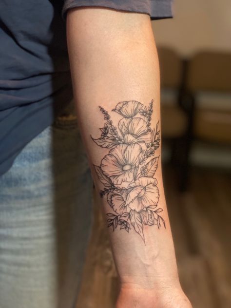 #tattoo #poppy #lavender #forearm Poppy Tattoo Forearm, Poppy Tattoo, Tattoo Forearm, Poppies Tattoo, Forearm Tattoos, Forearm Tattoo, Floral Art, Flower Tattoo, Ear Piercings