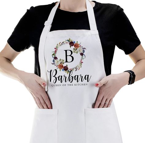 Personalized Kitchen Aprons Floral Initial Design w/Name Text - Customized Women Cooking Apron w/Pockets Custom Chef White Gifts for Baking Bbq Grill Funny Mujer Cocina Delantal C1, Standard. Disclosure: "As an Amazon Associate I earn from qualifying purchases." Women Cooking, Branded Aprons, Funny Aprons, Initial Design, Grill Apron, Floral Apron, Cool Aprons, Floral Initial, White Apron