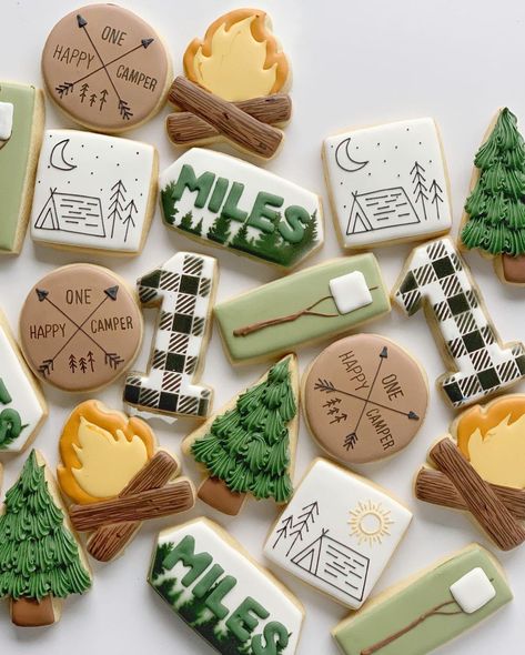 One Happy Camper Cookies, Happy Camper Cookies, Camper Cookies, One Happy Camper First Birthday, Happy Camper Birthday Party, Camping Theme Birthday Party, Camping Theme Birthday, One Happy Camper, Boys First Birthday Party Ideas