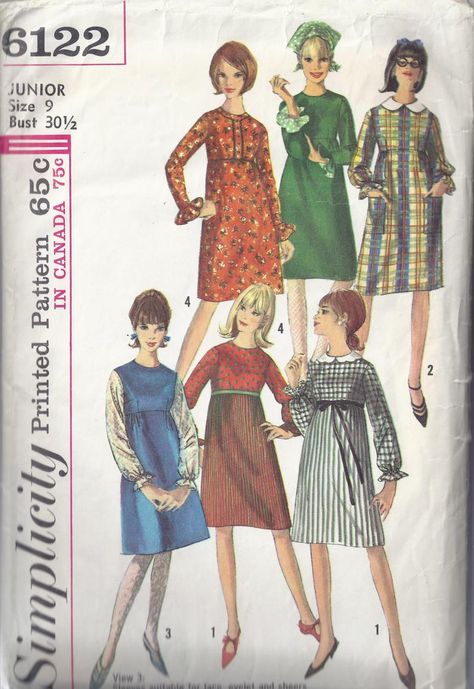 Simplicity Sewing Pattern 6122 from 1965. Junior Empire Waist | Etsy Granny Dress, 60s Patterns, Dirndl Skirt, Simplicity Patterns Vintage, Detachable Collar, Simplicity Sewing, Empire Waist Dress, Couture Vintage, Simplicity Sewing Patterns