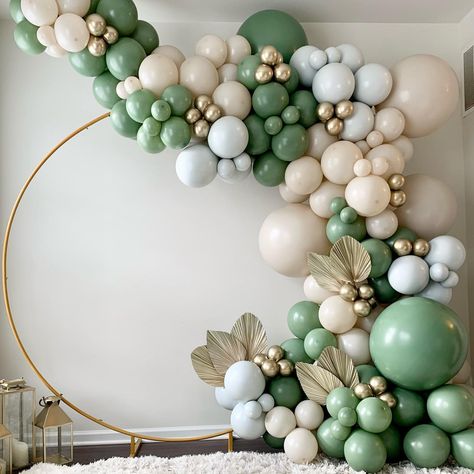 Pink Gold And Green Balloon Garland, Forest Green And Gold Balloon Garland, Green White Pink Balloon Arch, Boho Baby Shower Balloon Ring, Sage And Purple Balloons, Balloon Archway With Flowers And Greenery For Kids Birthday, Boho Balloon Ring Arch, Eucalyptus And White Sand Balloon Garland, Green Balloon Garland