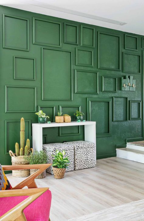 How to Paint an Easy Living Room Accent Wall with Frames for Texture Green Accent Walls, Accent Wall Colors, Room Accent Wall, Diy Accent Wall, Accent Walls In Living Room, Accent Wall Bedroom, Green Walls, Wallpaper Accent, Wallpaper Accent Wall