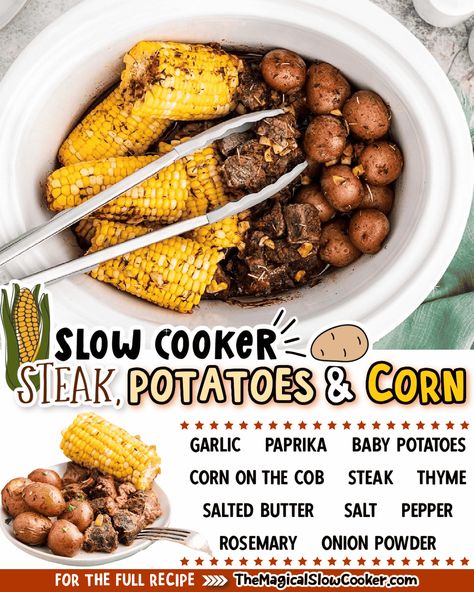 Cooking steak and potatoes in the crockpot is a classic way to put a hearty meal on the table and we even add an additional side of corn! The meal is cooked with a herb garlic butter and is a complete meal. - The Magical Slow Cooker Awesome Dinner Ideas, Ideas With Potatoes, Dinner Ideas With Potatoes, Crockpot Party, Potatoes And Corn, Party Potatoes, Magical Slow Cooker, Slow Cooker Steak, Cooking Steak