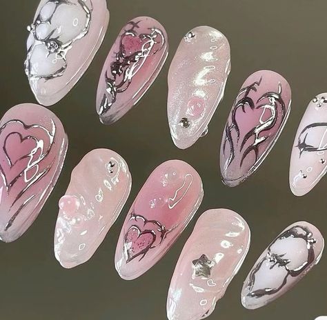 Nail Designs Y2k Grunge, Korean Nail Aesthetic, Korean Y2k Nails, Pink Kpop Nails, Seventeen Nails Kpop, Nails Inspiration Korean, Aespa Nails Inspired, Wonyoungism Nails, Pink Korean Nails