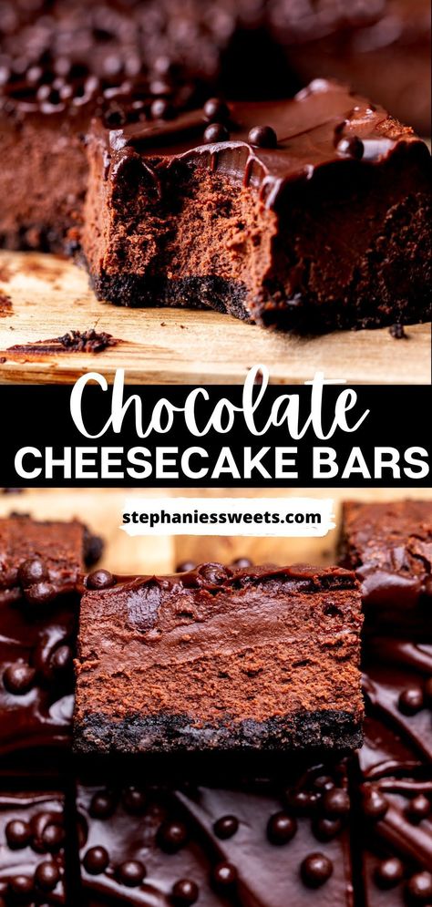 These chocolate cheesecake bars are ultra decadent. They have an Oreo crust with a baked creamy chocolate cheesecake batter with chocolate ganache on top. They are easy to make and require no water bath! Cheesecake Brownie Bars, Cheesecake Baked, Oreo Crust Cheesecake, Chocolate Cheesecake Bars, Creamy Chocolate Cheesecake, Heavenly Desserts, Mini Dessert Recipes, Chocolate Cheesecake Recipes, Dessert Bar Recipe