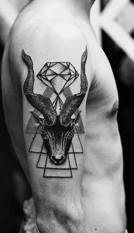 http://tattoomagz.com/shoulder-tattoos/goat-with-a-diamond-tattoo/ Diamond Tattoo Designs, Capricorn Tattoo, Blackout Tattoo, Aries Tattoo, Diamond Tattoos, Geometric Tattoo Design, Zodiac Sign Tattoos, Geniale Tattoos, Diy Tattoo