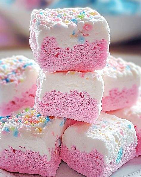 Pink And Blue Food, Halloween Bday Cakes, Colorful Candy Cake, Candy Marshmallows, Marshmallow Recipes, Japanese Drinks, Cake Recepies, Cotton Candy Flavoring, Food C