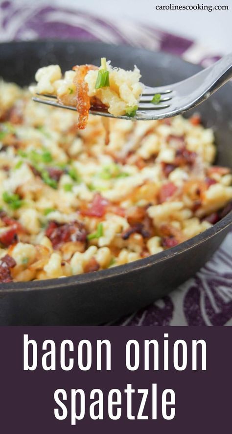 Bacon onion spaetzle in a simple but delicious combination of spaetzle (or other small pasta), bacon, caramelized onions and cheese. Perfect comfort food, it makes a delicious lunch or any meal. #spaetzle #germanfood #oktoberfest #comfortfood Pasta Bacon, Easy German Recipes, Spaetzle Recipe, German Food Authentic, Oktoberfest Food, Austrian Recipes, Delicious Lunch, Small Pasta, Hungarian Recipes