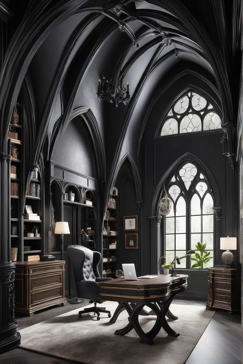 Step into the mystique of Gothic Arch (2047-10) with Midnight Archways and Top Paint 2024 for an interior designer's daily routine filled with elegant drama. #Ad #homedecor #homedesign #trendgirlApartment #Painthome #interiorarchitecture Wall Colors Green Room Colors Bright Room office Colors Apartment Renovation Home office Remodeling Modern Paint Colors 2024 Gothic Architecture Interior Design, Gothic Interior Design Modern, Modern Gothic Interior Design, Modern Gothic Interior, Spooky Office, Goth Interior Design, Modern Gothic Home, Gothic Architecture Interior, Paint 2024