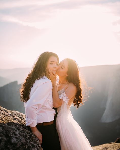 Yosemite National Park, California, LGBTQ+, wlw, bridals, bridal photoshoot, mountain photoshoot, elopement, LGBTQ+ friendly photographer, pose inspo, pose prompts, sunset session, love is love, diversity, intimate, true love, couples session, inclusive, love wins, off the shoulder dress, national park elopment Lesbian Couple Photoshoot Outfits, Wlw Elopement, Wlw Couple Poses, Wlw Poses, Wlw Photoshoot, Lesbian Couple Photoshoot Poses, Pose Prompts, True Love Couples, Mountain Photoshoot