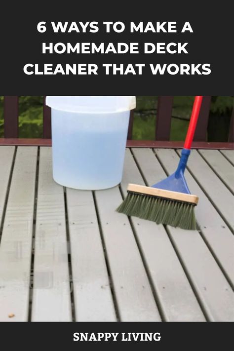 A bucket of cleaning solution and a scrub brush on a wooden deck, indicating a DIY deck cleaning method. How To Clean A Deck Before Staining, Diy Deck Cleaner Wood, Deck Wash Recipe, Deck Cleaner Homemade, Deck Cleaning Solution Diy, Diy Deck Cleaner, Cleaning Trex Decking, Easy Diy Deck, Wood Deck Cleaner