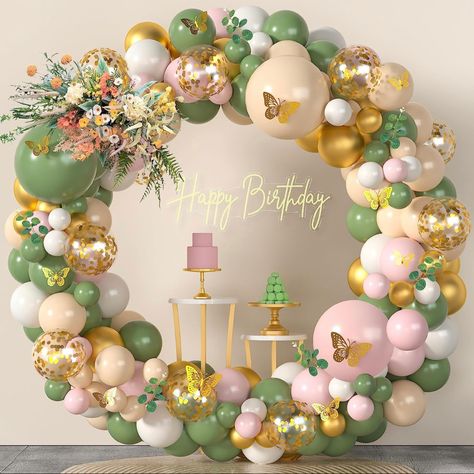 Sage Green Pink Gold Butterflies party decorations theme idea. #ButterflyParty #BirthdayParty #BridalShower #ClassyBridalShower #ClassyBirthday #ButterflyBridalShower #ModernBridalShower #BrideParty #BabyshowerThemes #BabyShowerGirl #GirlBabyShower #girlbabyshowerideas #SpringBabyShower #SummerBabyShower #BalloonArch #aesthetic #PerfectBridalShower #PerfectBirthday #GirlMom Pink Balloon Arch, Balloon Arch Kit, Jungle Birthday Party, Gold Party Decorations, Gold Confetti Balloons, Artificial Eucalyptus, Green Balloon, Butterfly Wedding, White Balloons