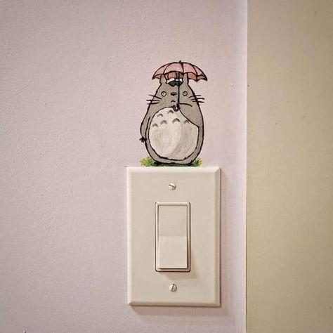 Totoro Diy Decoration, Light Switch Art Ideas, Anime Wall Painting Bedroom, Totoro Bedroom Ideas, Bedroom Mural Ideas Aesthetic, Ghibli Diy Decor, Room Murals Aesthetic, Door Art Bedroom Aesthetic, Cool Wall Paintings