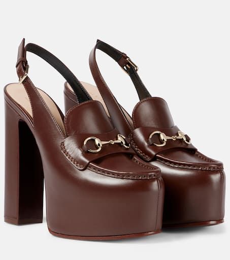 Horsebit leather platform slingback pumps in brown - Gucci | Mytheresa Gucci Platform Loafers, Loafer Pumps, Gucci Platform, Gucci Pumps, Gucci Horsebit, Round Toe Pumps, Designer Pumps, Sheepskin Boots, Platform Loafers