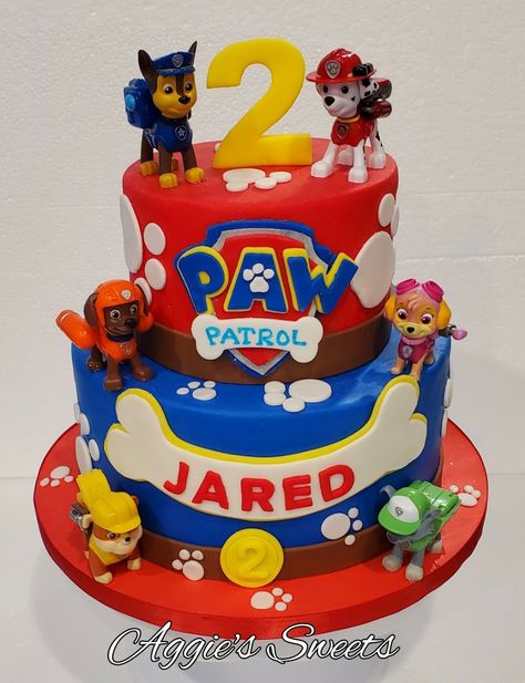 Paw Patrol Birthday Cake #aggiesSweets Two Tier Paw Patrol Birthday Cake, Paw Patrol Cake 2nd Birthday, Paw Patrol First Birthday Cake, Paw Patrol Birthday Decorations Boy, Paw Patrol Birthday Cake Ideas, Paw Patrol Cake Ideas Boys, Paw Patrol 4th Birthday Cake, Paw Patrol Cake Boy, Simple Paw Patrol Cake