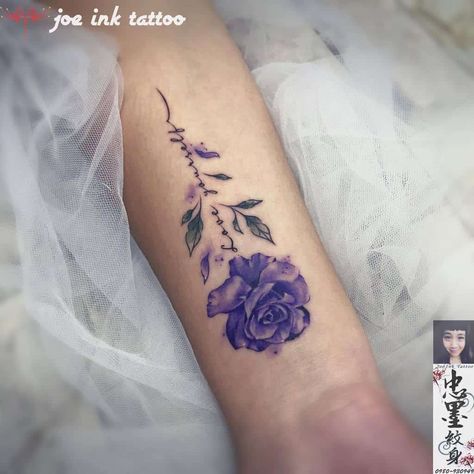 forearm purple rose tattoos betty0819fish Purple Rose Memorial Tattoo, Purple Memorial Tattoo, Rose Tattoo Purple, Light Purple Rose Tattoo, Blue And Purple Rose Tattoo, Cf Tattoo Ideas, Purple Flower Tattoo Designs, Purple Rose Tattoos For Women, Lavender Rose Tattoo