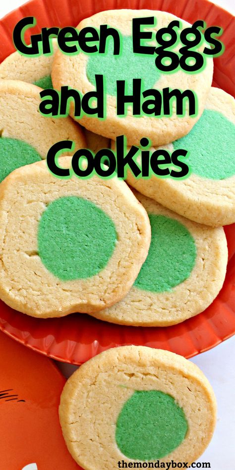 Sliced vanilla sugar cookies with green circles in the middle look like eggs with green yolks on an orange plate. Seuss Snacks, Dr Seuss Snacks, Snacks For Children, Slice And Bake Cookies, Dr Suess Week, Refrigerator Cookies, Easy Slice, Avocado Deviled Eggs, Dr. Seuss