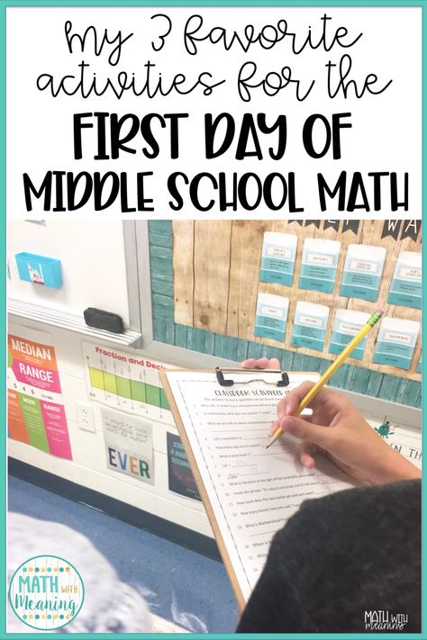 My 3 Favorite Activities For the First Day of Math Class » Math With Meaning First Day Of Middle School, Planning School, Maths Activities Middle School, Math Classroom Decorations, Middle School Math Teacher, Middle School Activities, Sixth Grade Math, Middle School Math Classroom, First Day Of School Activities