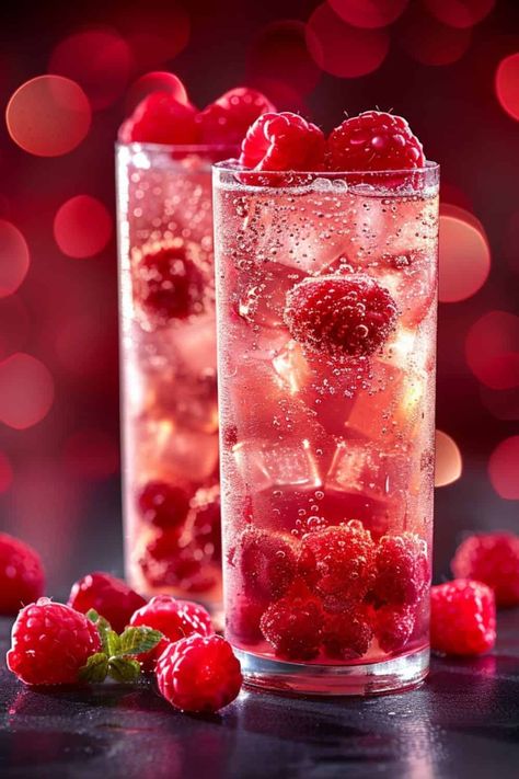 Two glasses of Raspberry Collins cocktail, elegantly presented with fresh raspberries and lemon garnishes, embodying the essence of summer refreshment. Raspberry Product Photography, Raspberry Collins, Simple Syrup Drinks, Luxury Drinks, Collins Cocktail, Raspberry Mojito, Low Carb Cocktails, Drinks Photography, Wine Spritzer