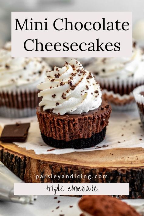 These mini chocolate cheesecakes have buttery Oreo cookie crusts and rich chocolate cheesecake fillings and are topped with chocolate ganache and homemade whipped cream. They only take 30 minutes to prepare and are the perfect handheld dessert for the holidays! Mini Christmas Cheesecake Recipes, Christmas Mini Cheesecakes, Chocolate Mini Cheesecakes, Nadiya Bakes, Hot Chocolate Cheesecake, Nutella And Peanut Butter, Mini Chocolate Cheesecakes, Hot Chocolate Desserts, Make Cheesecake