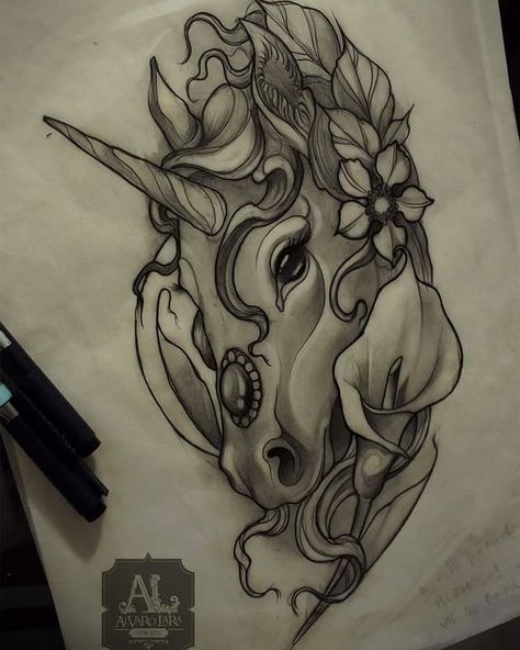 Unicorn Shoulder Tattoo, Black And Grey Unicorn Tattoo, Neotraditional Unicorn Tattoo, Skeleton Unicorn Tattoo, Black Pegasus Tattoo, Scottish Unicorn Tattoo, Unicorn Head Tattoo, Stipple Flowers, Unicorn Tattoo Ideas