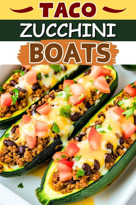 Taco Zucchini Boats Taco Stuffed Zucchini Boats, Burrito Zucchini Boats, Taco Zucchini Boats, Zucchini Taco Boats, Taco Zucchini, Dinners For One, Zucchini Boat, Boat Recipes, Cooktop Cove