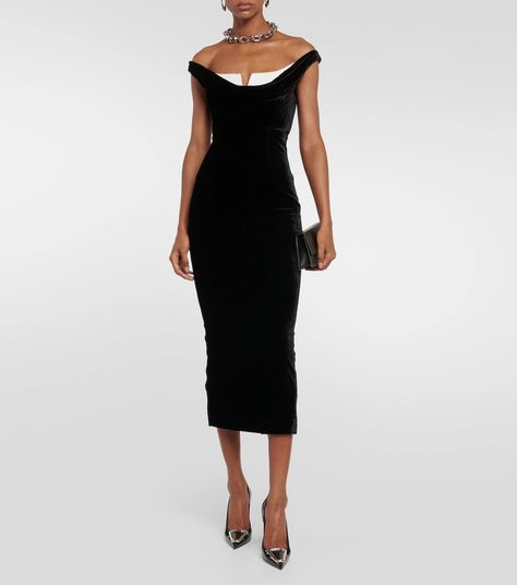 Formal Midi Dress Classy, Black Midi Dress Formal, Midi Dress Formal Classy, Black Monochrome Outfit, Midi Dress Classy, Velvet Black Dress, Roland Mouret Dress, Party Edit, Elegant Midi Dress