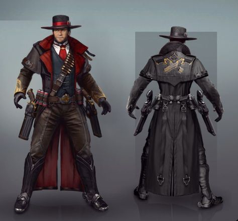 D&d Gunslinger Art, Gothic Gunslinger, Cyberpunk Cowboy Character Design, Fantasy Cowboy Outfit, Gunslinger Oc, Cowboy Drawing Reference, Scifi Cowboy, Fantasy Gunslinger, Cowboy Character Design Male