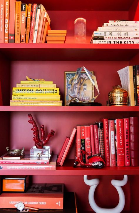 the founder of minibar mixes prints like a pro #SOdomino #furniture #shelf #shelving #orange #red #bookcase Red Bookshelf, Green Painted Furniture, Barber Shop Interior, Colour Crush, Red Shelves, Decor Inspiration Diy, Manhattan Apartment, Mixed Prints, Good To Great