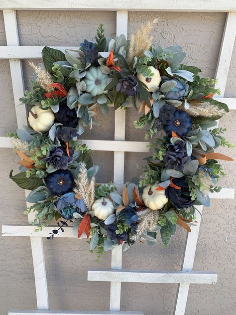 White And Blue Fall Decor, Blue And White Fall Decor Ideas, Blue And Gray Fall Decor, Fall Decor With Blue Accents, Blue And White Halloween Decor, Blue Pumpkin Decor, White Blue Fall Wreath, Navy Blue Fall Decor, Fall Decor With Blue