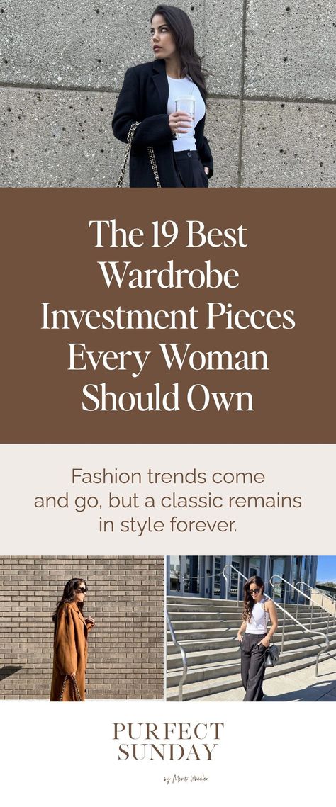 And for that reason, there are some investment wardrobe pieces that every woman should own. These pieces are classics or even iconic staples, and once you own them, can help you save time and money in the long run. True investment pieces transcend age, demographic, decade, and the economic climate. Although buying really high-end items is expensive, because they will never go out of style, versatile, high-quality pieces should convert their price tag into pennies-per-wear over time. Clothing Every Woman Should Own, Build Wardrobe Women, Women’s Style 30s, Reliable Clothing Pieces, Wardrobe Investment Pieces, Classic Clothing Pieces For Women, Never Out Of Style, High Value Woman Wardrobe, High Quality Capsule Wardrobe