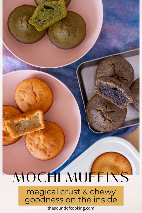 easy mochi muffin (cupcakes) with a magical crust • The Sound of Cooking Sweet Rice Flour Recipes Desserts, Glutinous Rice Flour Recipes Sweets, Peanut Butter Mochi Recipe, Mochiko Flour Recipes, Sweet Potato Mochi Recipe, Gluten Free Mochi, Mochi Cookie Recipe, Mochi Muffin Recipe, Mochi Brownie Recipe