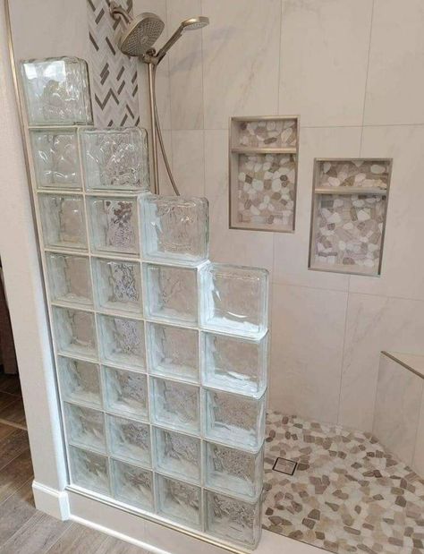 Glass Block Shower Wall, Small Bathroom Ideas Shower Only, Bathroom Ideas Shower Only, Glass Block Shower, Small Bathroom Renovations, Diy House Renovations, Bathroom Redesign, Tiny Bathrooms, Bathroom Remodel Designs