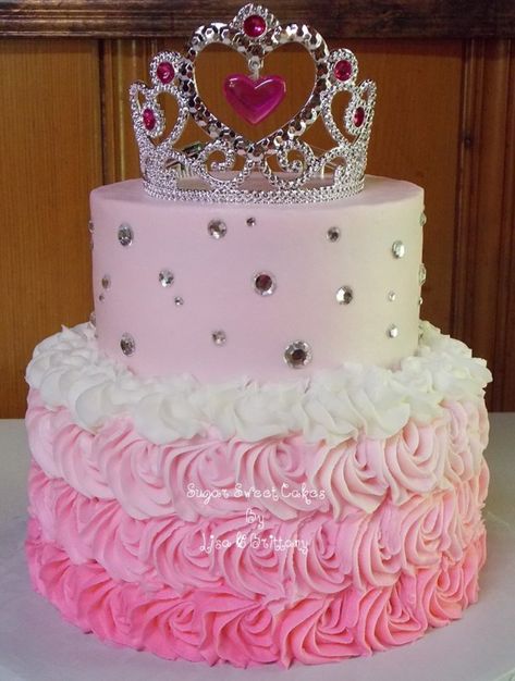 6" & 8" cakes iced in buttercream. TFL! More Princess Crown Birthday Cake, Rosette Cake 2 Tier, Buttercream Princess Cake, 2 Tier Barbie Cake, Pink Princess Birthday Cake, Princess Cake Design, Princess Birthday Cakes, Princess Cake Ideas, Pink Princess Cake