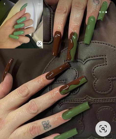 Nail Designs Brown And Green, Brow Nail Designs, Green Brown Nails Acrylic, Olive Green Brown Nails, Brown And Green Nails Acrylic, Simple Fall Nails Long, Green Neutral Nails, Olive Green Nails Acrylic, Tattoo On Hands For Women