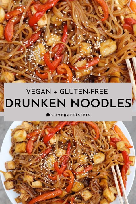 Gluten Vegan Recipes, Gluten Free Drunken Noodles, Drunken Noodles Vegan, Vegan Gluten Free Asian Recipes, Vegan Drunken Noodles, Gluten Free Vegan Dinner, Vegan Gluten Free Meals, Vegan Asian Food, Vegan Asian Recipes